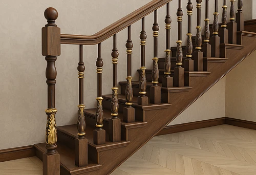 Balusters with gilded elements on a wooden staircase in the interior
