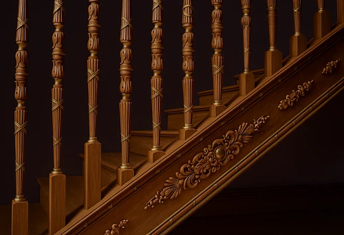 Wooden balusters with decorative carving and gold accents on the staircase