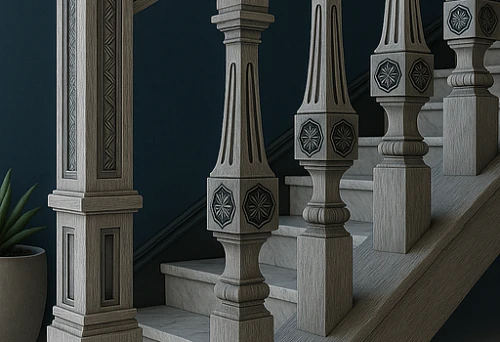 Carved wooden balusters installed at equal intervals on the staircase