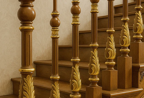 Oak balusters with gilded ornament in classic staircase design
