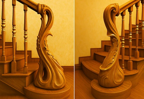 Balusters with gold accents and decorative console in the form of carved element