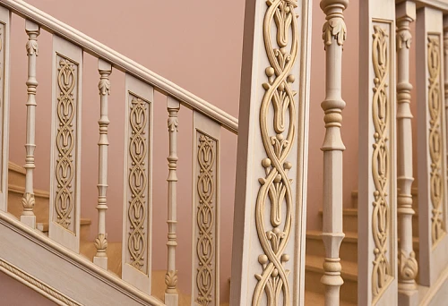 Flat carved wooden balusters in interior with staircase