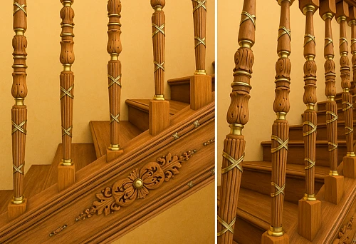 Balusters with decorative gold inserts, securely mounted on stair treads