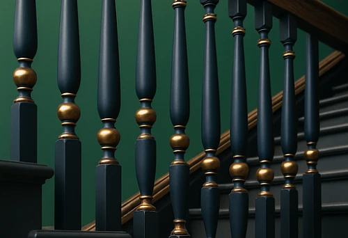 Staircase with black balusters and gold accents in modern interior