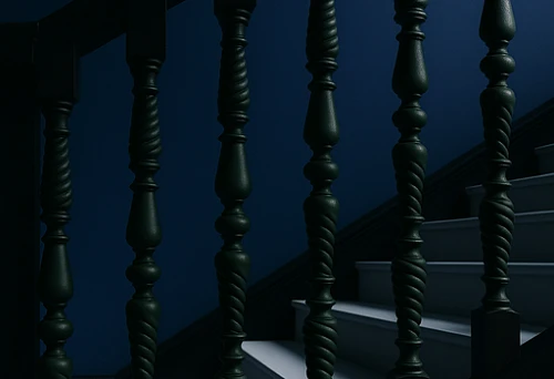 Installing wooden balusters on a staircase with contrasting lighting