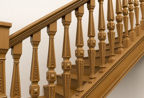 Carved wooden balusters installed on the staircase according to all rules