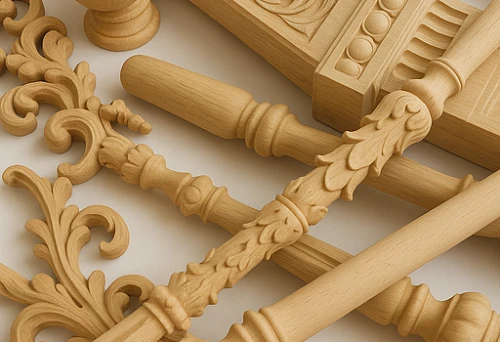 Set of carved wooden elements &mdash; individual baluster parts for staircase railings