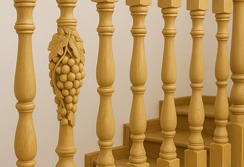 Carved wooden balusters with grapevine motif on staircase railing