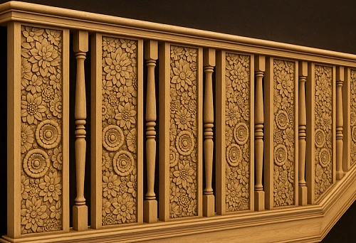Wooden balusters with carved panels &mdash; an example of premium decorative treatment