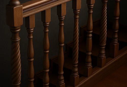 Classic Wooden Railing with Balusters on a Dark Wood Staircase