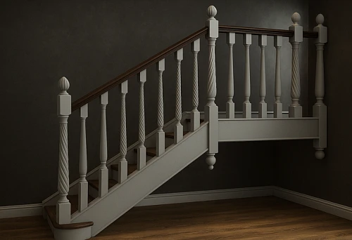 Photo of a wooden staircase with white balusters and classic newels