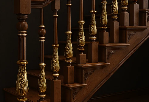 Wooden balusters with gold decoration installed on a classic staircase