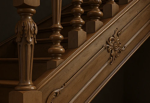 Carved wooden balusters and handrails with decorative trim