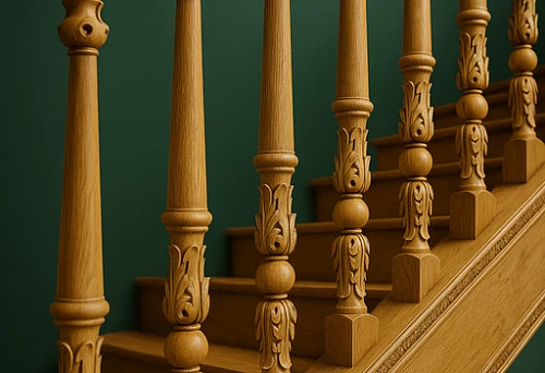 Decorative wooden balusters with carved ornament on a classic-style staircase against a green wall