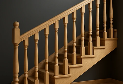 Small wooden balusters in a classic staircase railing