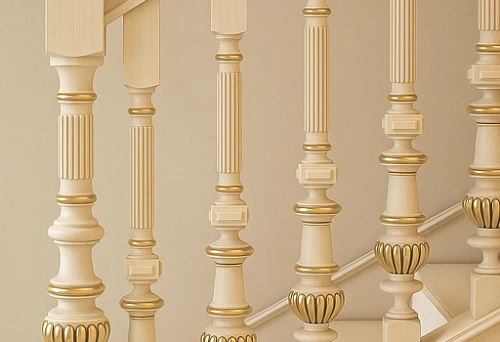 Classic Wooden Stair Railing with Carved Spindles and Handrail