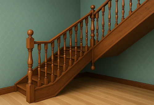 Wooden staircase with massive balusters of 45x45 mm section, classic interior with green wallpaper
