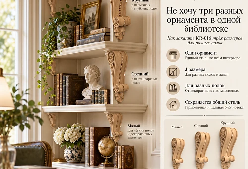 Home library with shelves of varying depths on carved wooden brackets KR-016 in a matching design