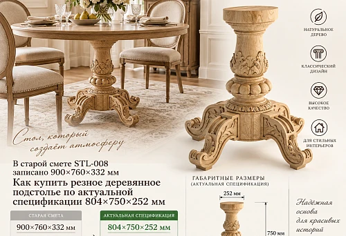 Carved wooden table base STL-008 of current size 804&times;750&times;252 mm next to the old specification