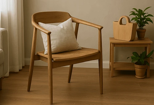 Modern chair with wooden armrests and soft cushion
