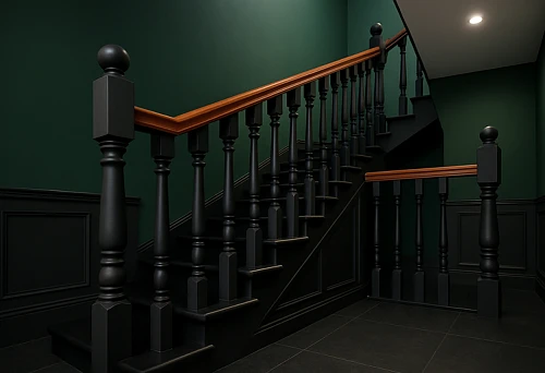 Black wooden stair railings with vertical posts and contrasting wooden handrail