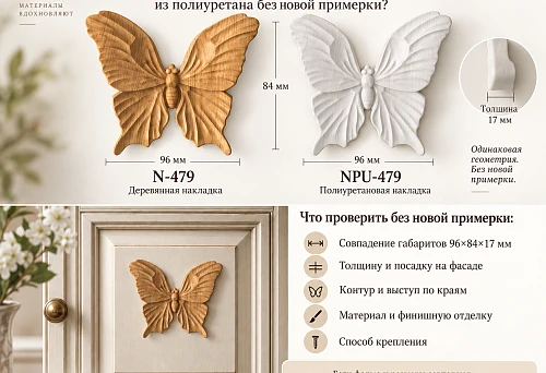Wooden N-479 and polyurethane NPU-479 measuring 96&times;84&times;17 mm next to a furniture facade