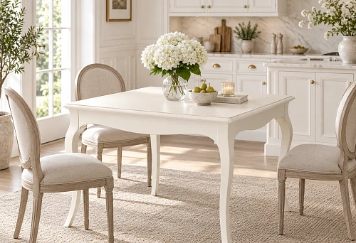 White dining table Marseilles 002-004 RAL 9010 next to the fronts of a finished white kitchen