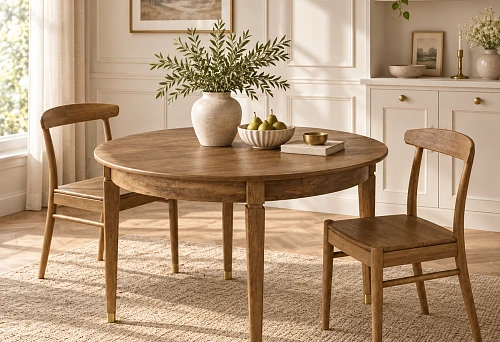 Wooden dining table York 002-011 with brass details next to a kitchen with brass handles