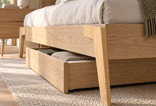 Bed on wooden legs MN-215 with a pull-out drawer for storage under the base