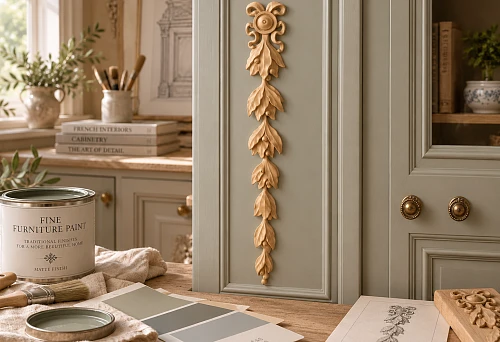 Carved wooden overlay N-498 on a furniture front before applying the finishing paint