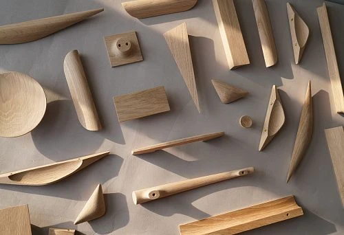 Collage of design solutions with furniture details made of natural wood.