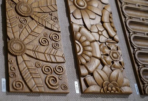 Three Carved Wooden Panels with Floral and Geometric Ornaments, Demonstrating the Combination of Classical Motifs and Modern Woodworking Techniques.