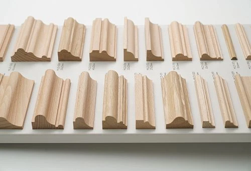 Samples of decorative wooden planks, including 10&times;20 mm plank, on display stand