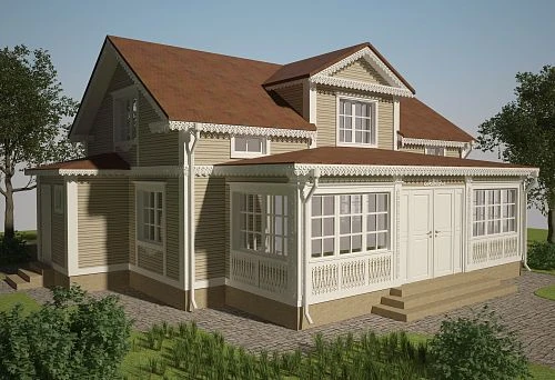 Visualization of a country house with carved wooden elements