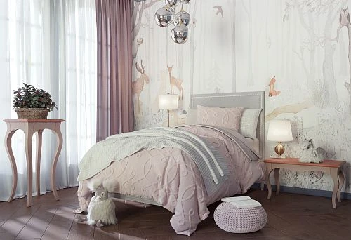 Bright children's room with high-grade wooden furniture &mdash; bed, table, and chest made of natural wood, interior with soft color palette