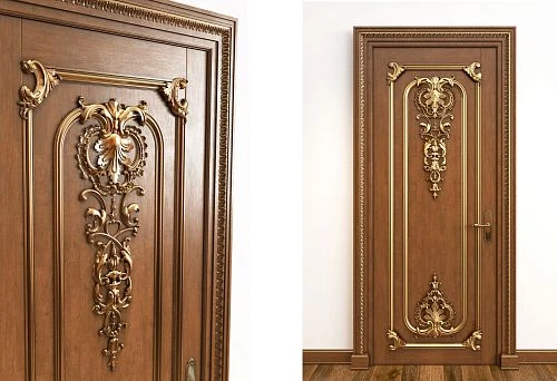 Decorative ornament for wooden door with gold carving, close-up