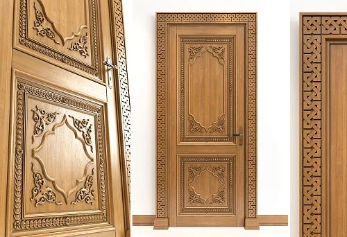 Classic solid wood door with carved frame and decorative panel in interior