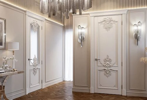 Modern home interior with two white doors made of natural wood