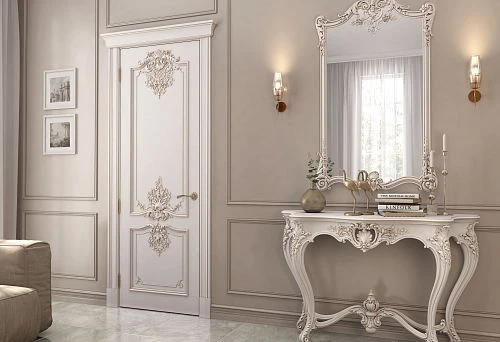 Interior with Carved Door and Exclusive Natural Wood Furniture: Console, Mirror, and Decor in Classic Style