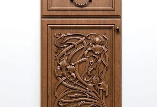 Wooden furniture facade with artistic carving in the modern style