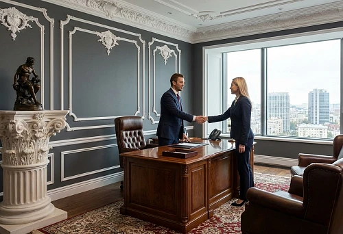 Stucco on walls in the office &mdash; classic stucco decor that emphasizes the company's status and architectural expressiveness of the space