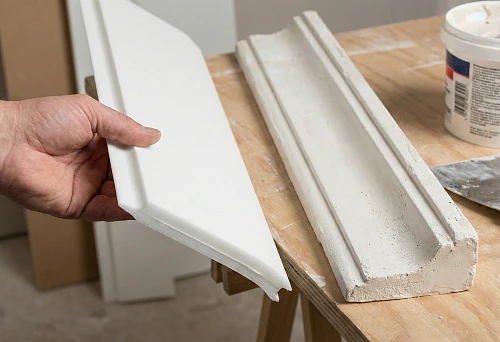 Imitation of polyurethane molding: comparison of the profile with a plaster form on the workbench, edge inspection