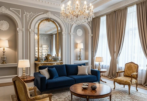 Living room in classic style with premium designer furniture and luxurious molding