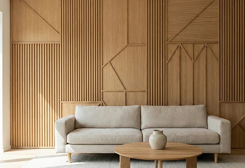Wood wall decor: wooden slats and moldings in geometric layout, panel wall in a modern living room