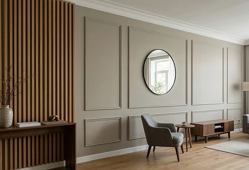 Buy slatted panels in Samara and polyurethane wall moldings in a light interior with a measured rhythm and calm composition