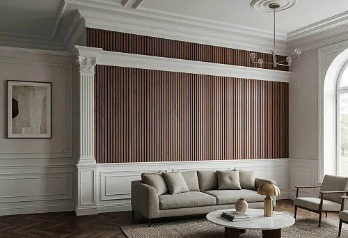 Slat wall panels for interior decoration and polyurethane decorative elements in a living room interior
