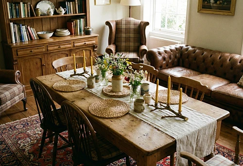 DIY wooden table decor: table setting with a runner, candles, and flowers in a classic living room