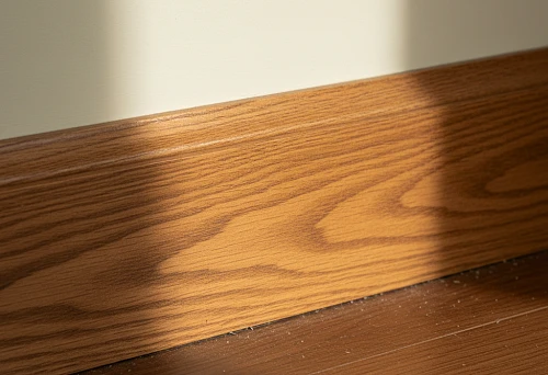 Close-up of solid wood baseboard against the wall