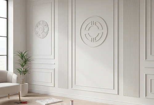 Neoclassical interior with decorative molding &mdash; polyurethane profile moldings and rosettes on a white wall