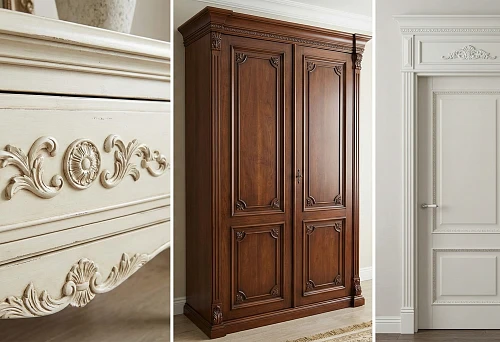 Polyurethane furniture molding: decorative overlay with ornament on a dresser facade close-up